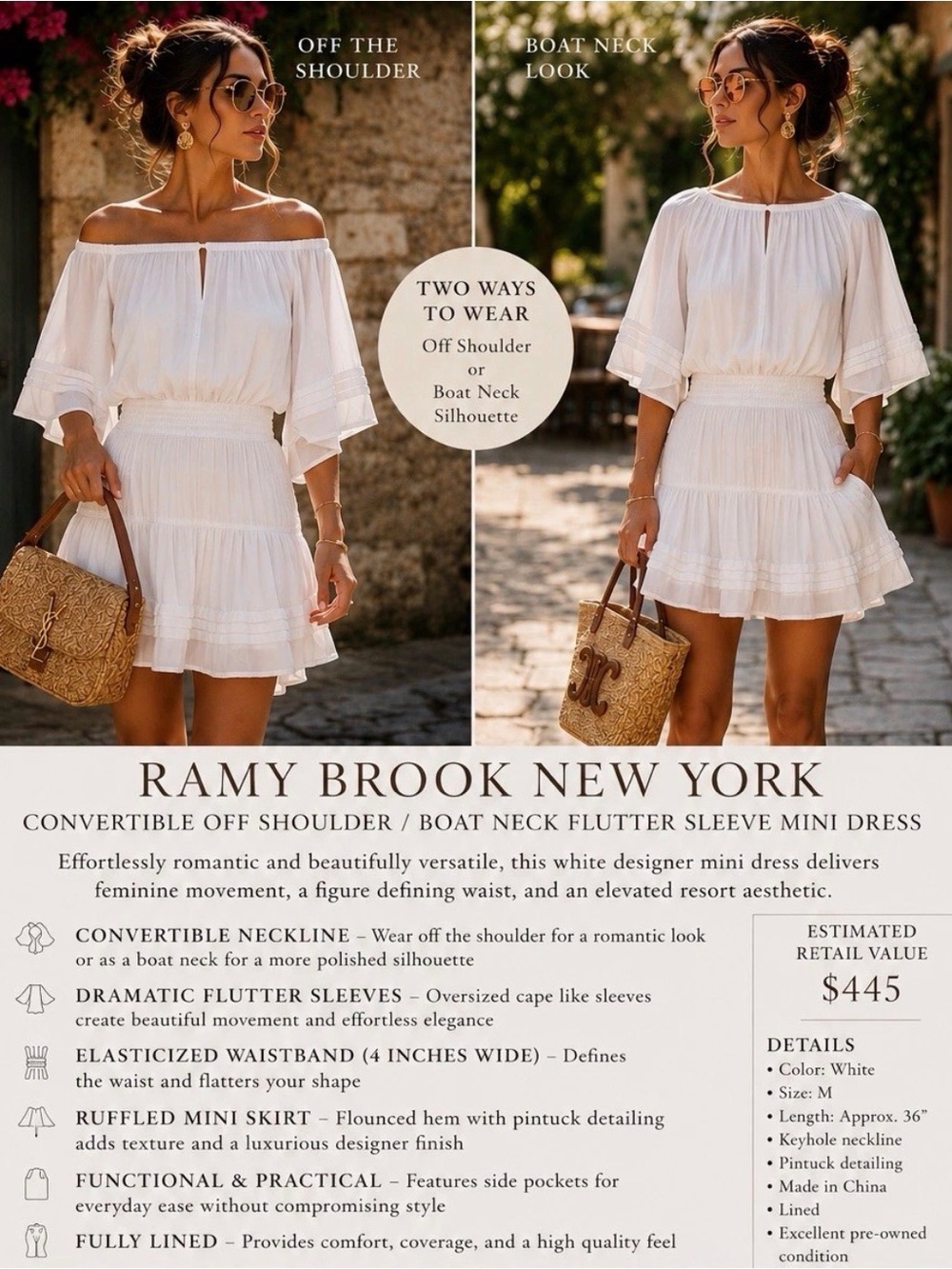 RAMY BROOK NY CONVERTIBLE OFF-SHOULDER-BOAT NECK FLUTTER SLV MINI DRESS DESIGNER